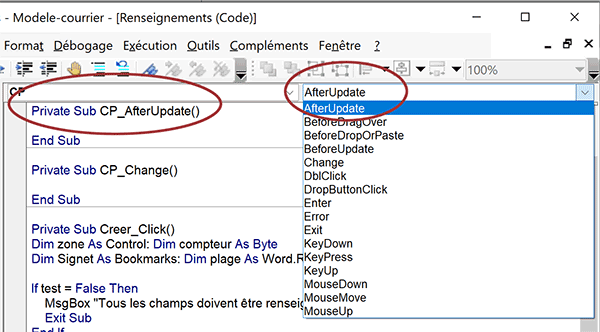 Evénement VBA Word pour déclencher un code à validation de la saisie