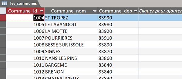 Villes et codes postaux dans table Access pour liaison des listes déroulantes sur formulaire Word