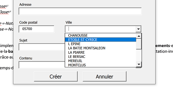 Charger une liste déroulante du formulaire Word en fonction du code postal issu de la base de données Access