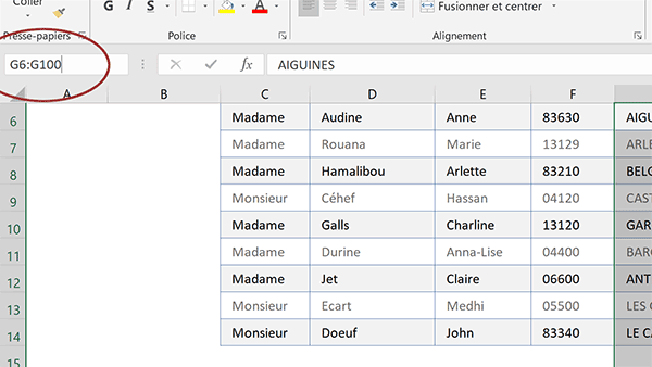 Sélectionner une grande plage de cellules Excel en saisissant ses coordonnées dans la zone Nom