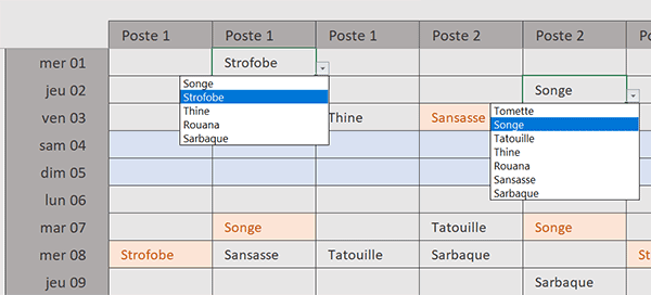 Planning VBA Excel des affectations des postes de travail