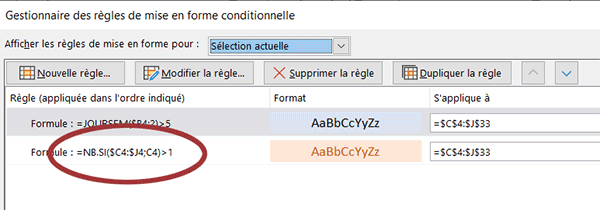 Mise en forme conditionnelle Excel pour détecter en couleur les doublons sur les affectations de postes