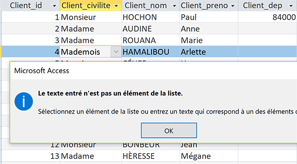 Liste déroulante Access interdisant saisie de valeurs non prévues