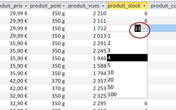 Liste déroulante de choix Access proposant des quantités en stock et autorisant autres saisies