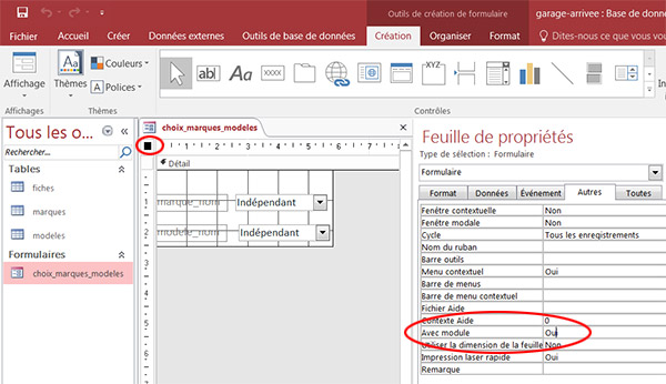 activation modules code vba formulaire Access