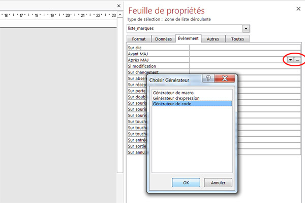 générateur code évènement liste déroulante