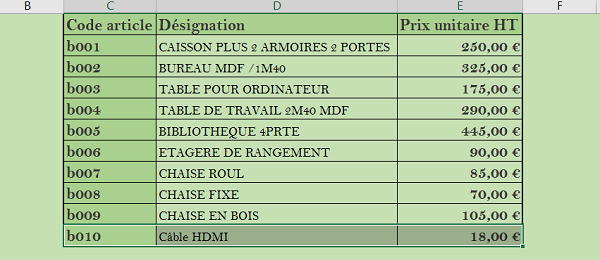 Evolution contenu catalogue pour facturation Excel