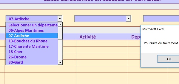 Déclencher actions VBA Excel au choix de valeur dans la liste déroulante de la feuille