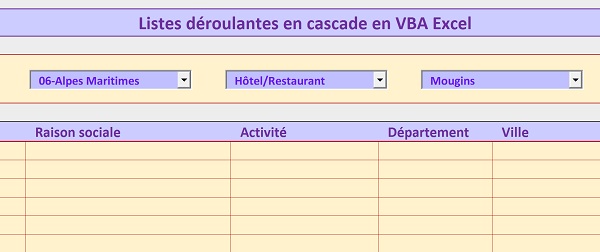 Application VBA Excel de 3 listes déroulantes reliées en cascade