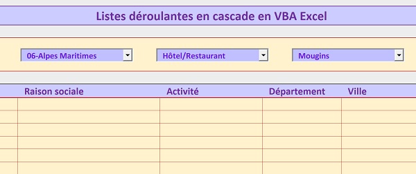 Application VBA Excel de 3 listes déroulantes reliées en cascade