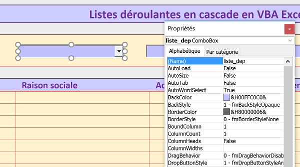 Propriétés des contrôles ActiveX listes déroulantes Excel pour liaisons par code VBA