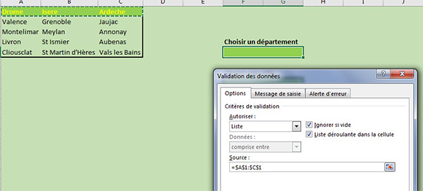 Créer liste déroulante Excel