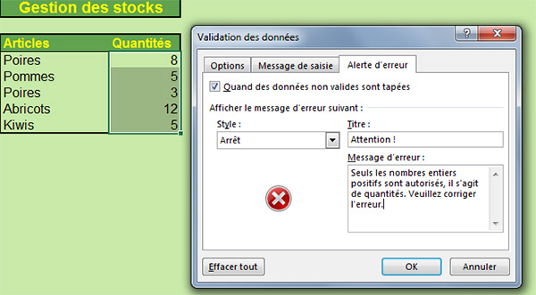 Message erreur, validation données Excel