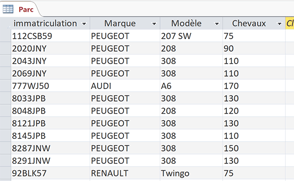 Table de base de données Access gérant des véhicules en occasion