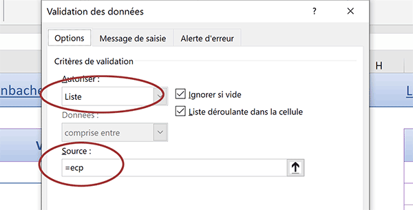 Définir la source de la liste déroulante sur la plage de cellules Excel variable en hauteur