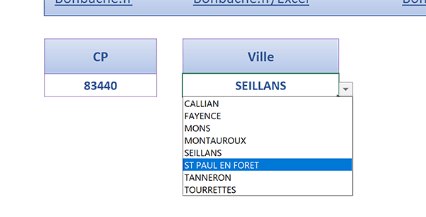 Liste déroulante Excel des villes dépendant du choix du code postal dans la première liste de déroulante