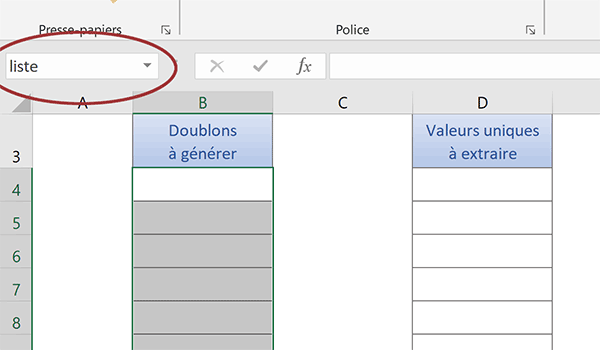 Colonne Excel des répétitions nommée pour simplifier la syntaxe de la formule matricielle pour extraction