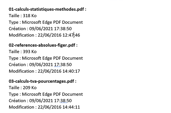 Lister les fichiers dans un dossier avec leurs attributs en VBA Word