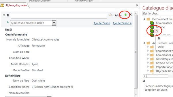 Critère dans les actions de macro, fonction Si