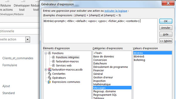 Macro et générateur expression pour boîte de dialogue