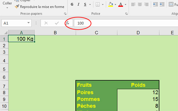 Aperçu du format Kilogrammes dans la barre de formules