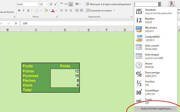 Liste des formats numériques dans le ruban Excel