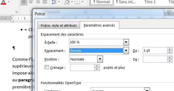 Espaces entre les lettres du texte Word