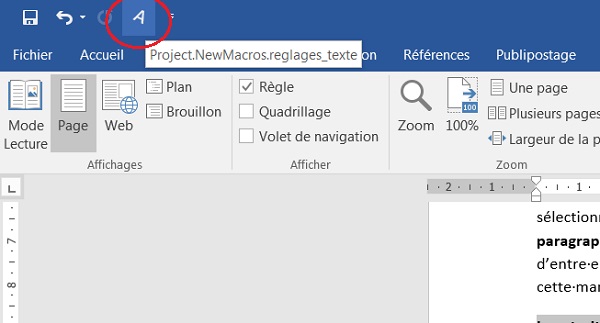 Bouton macro au-dessus des rubans de Word