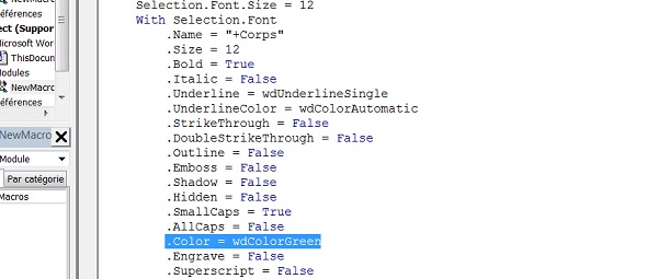 Editeur de code Visual Basic pour les macros Word
