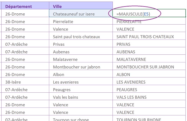 Transformer textes en majuscules avec fonction de calcul Excel