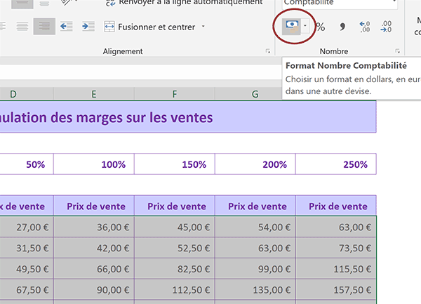 Afficher les résultats répliqués des calculs de marges au format monétaire