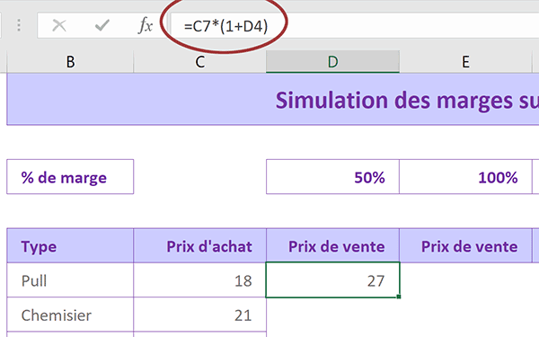 Calcul Excel factorisé prix de vente selon marge définie par un taux en pourcentage