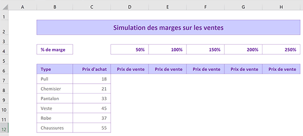Tableau Excel pour exercice sur le calcul des marges variables réalisées