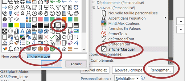 Nom et icône graphique pour le nouveau bouton de ruban Excel