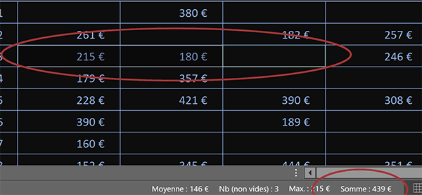 Information de somme sur les cellules sélectionnées dans la barre d-état Excel