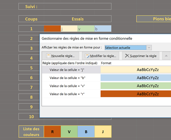 Mise en forme conditionnelle Excel pour attribuer couleurs de pions du jeu Excel