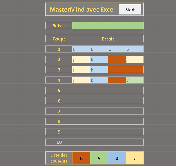 Jeu Excel du MasterMind conçu avec Excel sans code VBA