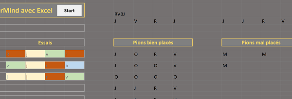 Contrôle couleurs et positions des pions placés, par formule Excel, pour jeu Mastermind