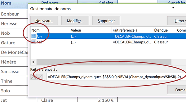 Fonctions Excel Decaler et NbVal pour adapter automatiquement la hauteur de la plage de cellules