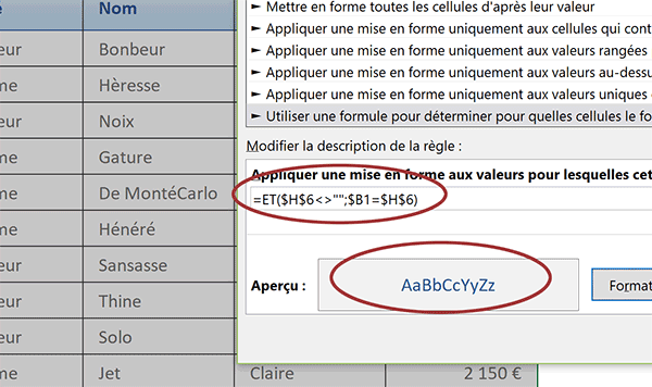 Règle de mise en forme conditionnelle Excel pour repérer automatiquement et visuellement les personnes dans le tableau