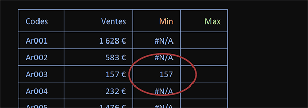 Isoler la valeur la plus petite au milieu des erreurs dans un tableau Excel