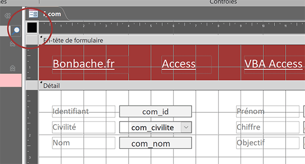 Sélectionner tout le formulaire Access pour le paramétrer