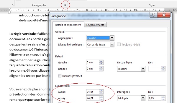 Réglages des espaces entre paragraphes