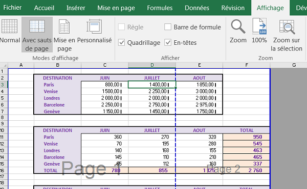 Visualisation des sauts de page qui coupent les tableaux pour impression