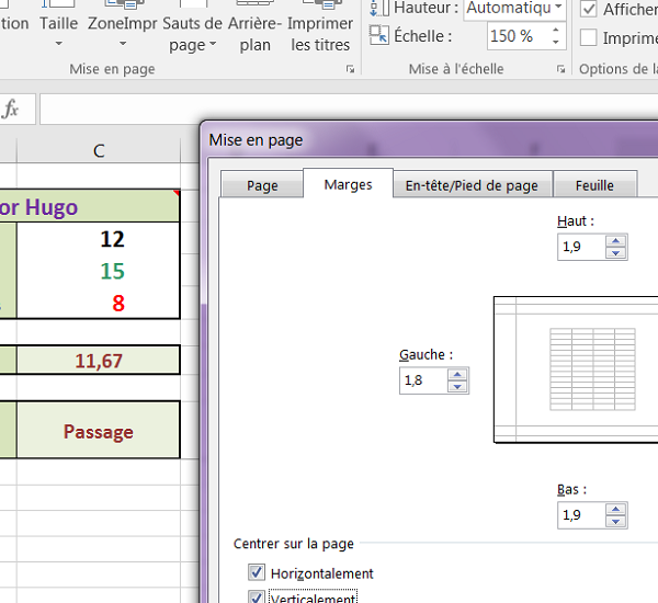 Centrer tableau Excel dans largeur et hauteur de la page à imprimer