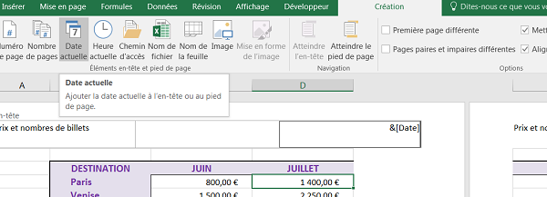 Mise en page en-tête tableau Excel avec date automatique