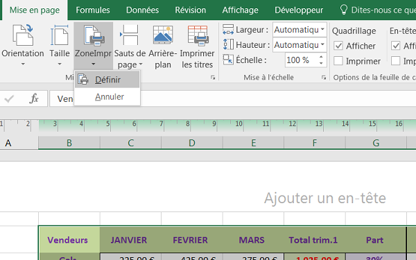 Définir la zone à imprimer uniquement sur les bornes du tableau Excel