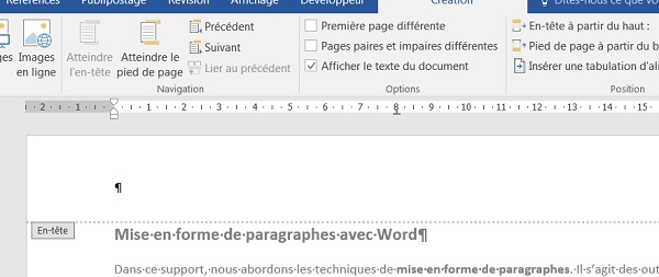 Création en-tête du document Word