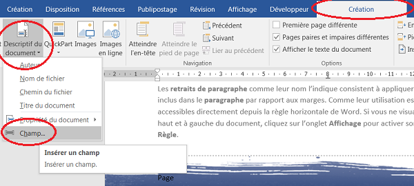 Insertion champs dynamiques et automatiques dans pied de page