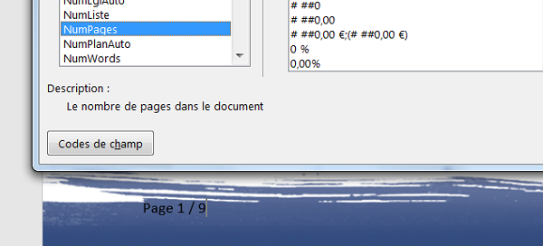 Champ dynamique nombre de pages dans pied de page Word